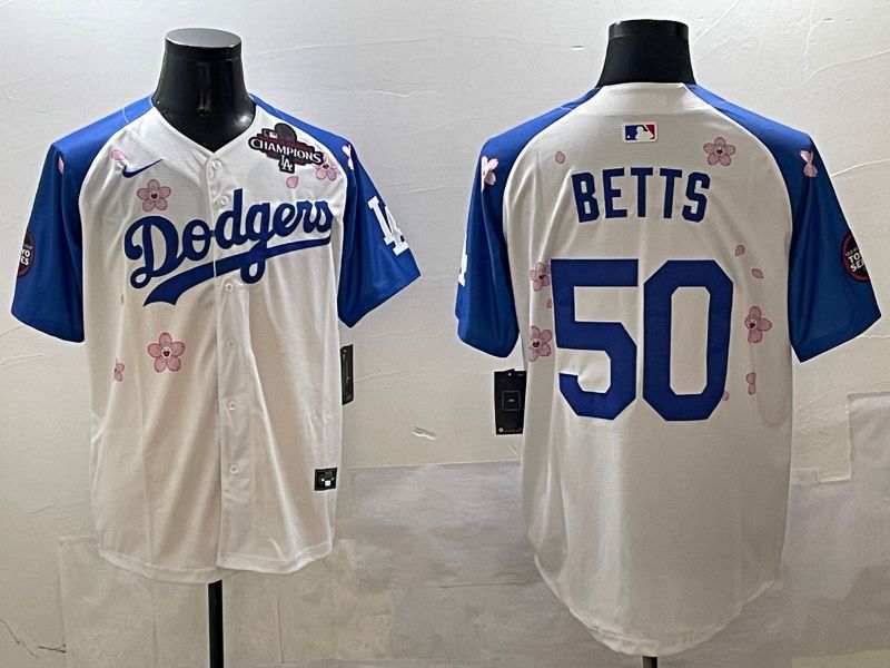 Men Los Angeles Dodgers #50 Betts White Blue Sakura Edition 2025 Nike MLB Jersey style 2->los angeles dodgers->MLB Jersey